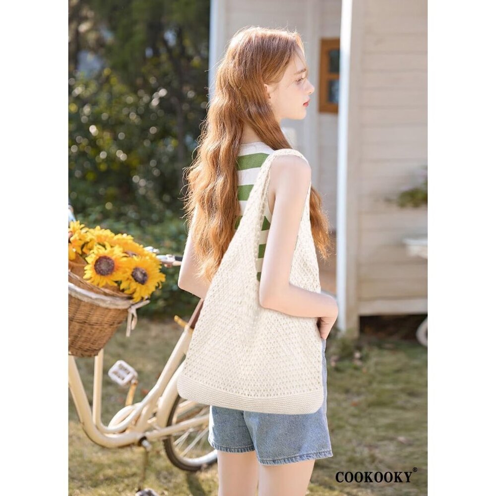 Crochet Beach Tote Bag Aesthetic Mesh Summer Beach Bag for Women Hippie Knit - Picture 7 of 7